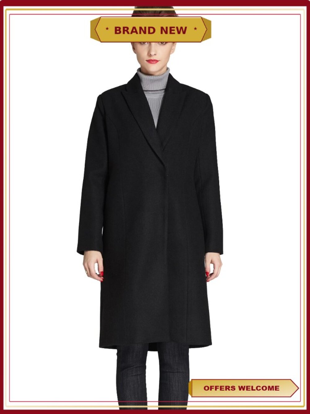 Faux Wool Coat Elegant Lapel Trench Jacket Slim Long Overcoat Outwear